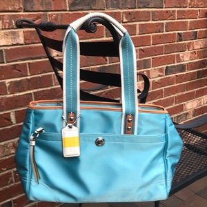 COACH HAMPTON EGGSHELL BLUE SATIN TOTE